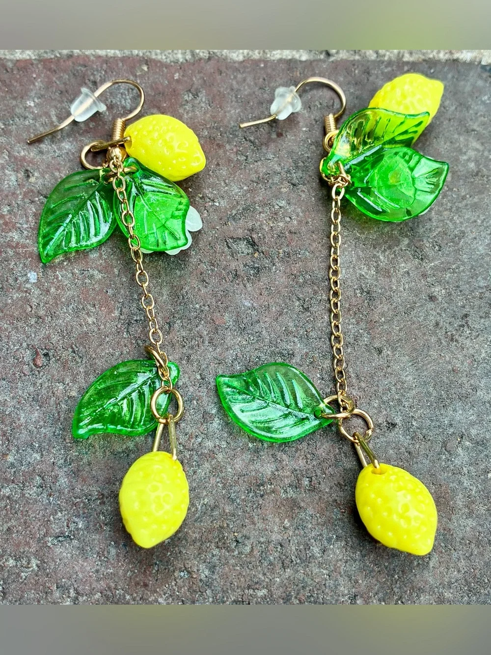 🍋 Citrus Yellow Lemon Drop Dangle Earrings with CZ, Green Leaf & Flower Accents